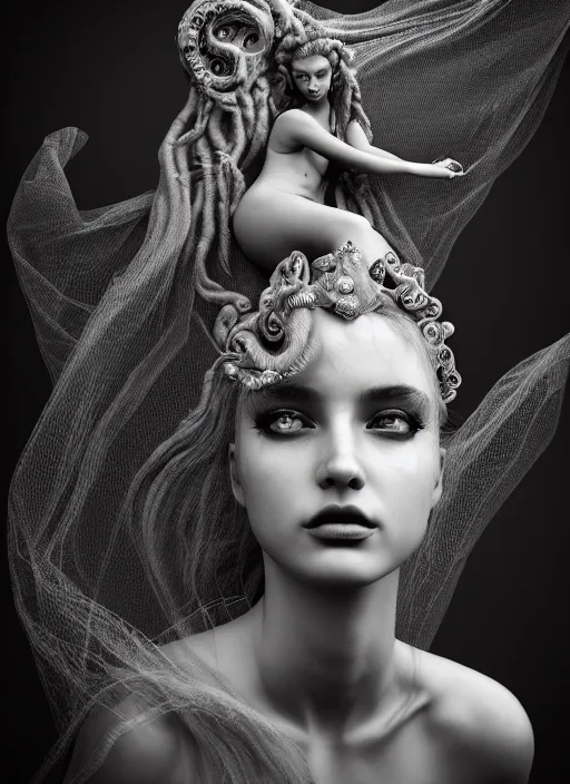 Image similar to surreal mythical dreamy dark artistic black and white fine art photo of a beautiful young female angel - medusa - mermaid - cyborg covered with translucent algae, highly detailed, lace web, rim light, cinematic, studio dramatic light, poetic, octane render, 8 k, photo - realistic, by floria sigismondi