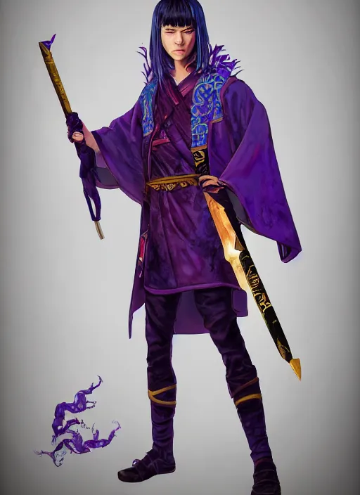 Image similar to An epic fantasy comic book style portrait painting of teenager boy with straight indigo hair, purple eyes with red eye markers, slim body, wearing a detailed Japanese kimono with golden armor details, holding a fan. Unreal 5, DAZ, hyperrealistic, octane render, cosplay, RPG portrait, dynamic lighting