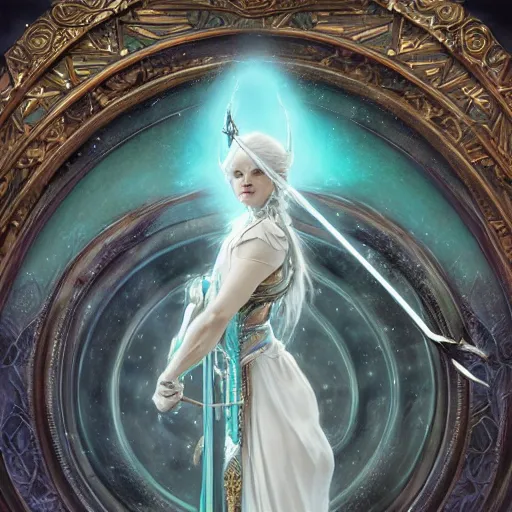 Image similar to an epic concept art of a handsome snow elf in a turquoise cape and silver armour, bow and arrow, albino skin, winter vibes, elegant, very coherent symmetrical artwork, by tomasz alen kopera and alphonse mucha and charlie bowater, photorealistic, sharp focus, octane render, rtx, hdr, unreal 5, trending on artstation