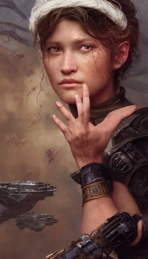 Image similar to epic masterpiece portrait star wars lady, sweaty skin, hyperrealistic, octane render, cinematic, beautiful face and flawless skin, perfect hands, 5 fingers, by Edgar Maxence and Ross Tran and Michael Whelan, Legends of Runeterra