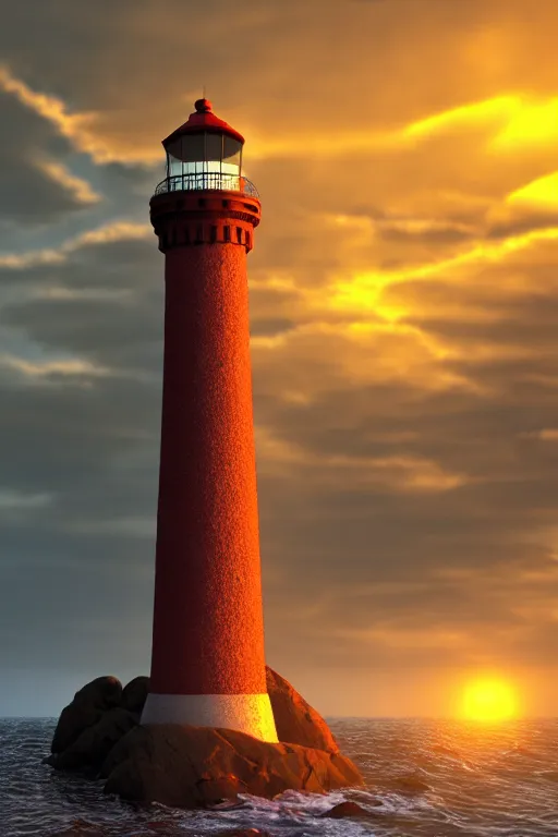 Prompt: highly detailed lighthouse with heavy waves at sunset, global illumination, god rays, detailed and intricate environment, 8 k