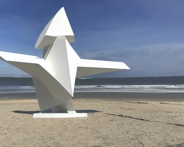 Image similar to photo of white minimalist abstract cubist sculpture of curvy spaceship with random small mecha mayan decorations, covered with few large white airplane parts with windows and doors, gigantic size, sunset lighting by a beach, the sculpture is reflected on the water