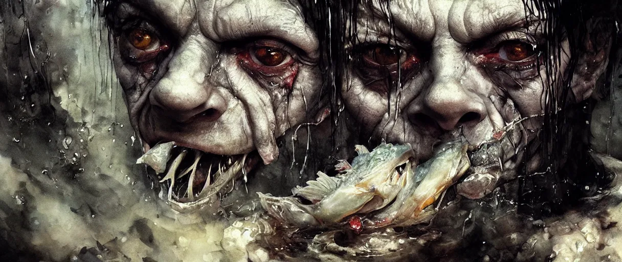 Image similar to portrait of gollum eating fish from witcher 3 by emil melmoth zdzislaw beksinki craig mullins yoji shinkawa realistic render ominous detailed photo atmospheric by jeremy mann francis bacon and agnes cecile ink drips paint smears digital glitches glitchart