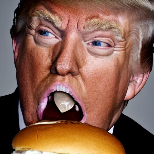 Image similar to photo still of donald trump! licking! a burger with his! tongue! out, mmmmm, studio portrait photo, studio lighting, rim light, key light, food photography, 3 5 mm f 1. 8