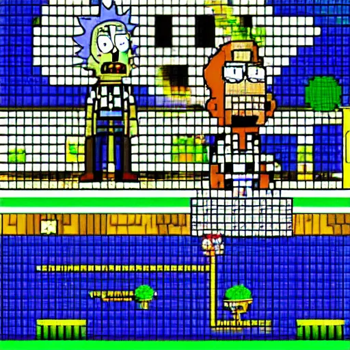 Image similar to Rick and Morty as characters in SNES Super Mario Bros, pixelated, 8bit