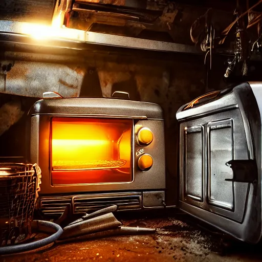 Image similar to cyborg toaster oven repairman, dark messy smoke - filled cluttered workshop, dark, dramatic lighting, orange tint, sparks, cinematic, highly detailed, sci - fi, futuristic, movie still