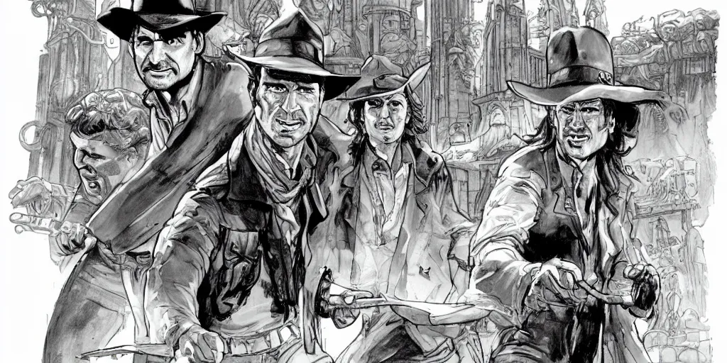 Prompt: a concept art of the Indiana Jones and the Fate of Atlantis videogame. Sophia Hapgood. Harrison Ford. Orichalcum. statues. Lucasarts. Plato. By Steve Purcell Ian Mccaig