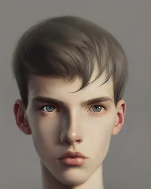 Image similar to portrait of 1 5 - year - old boy, a tall, slender boy with a pale, pointed face, sleek blond hair, and ice grey eyes, cold grey eyes, highly detailed, digital painting, artstation, concept art, smooth, sharp focus, illustration, art by artgerm and greg rutkowski and alphonse mucha