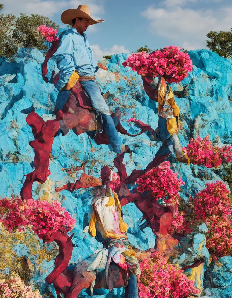 Image similar to a cowboy turning into blooms by slim aarons, by zhang kechun, by lynda benglis. tropical sea slugs, angular sharp tractor tires. complementary bold colors. warm soft volumetric dramatic light. national geographic. 8 k, rendered in octane, smooth gradients. angular sculpture by michelangelo.