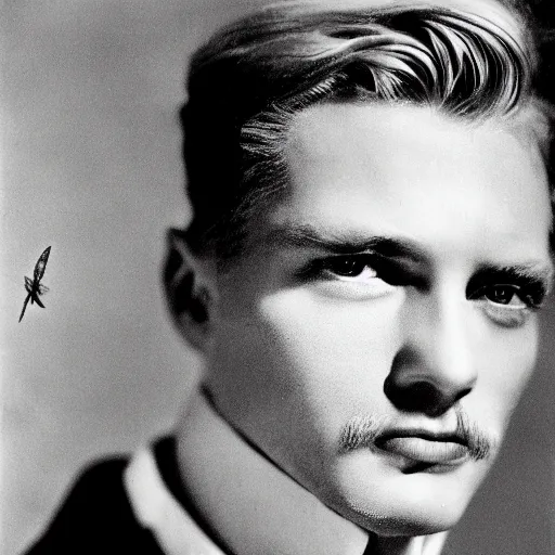 Prompt: a close - up photography of a blond male! actor from the 1 9 3 0 s. high cheekbones. good bone structure. dressed in 1 9 4 0 s style. butterfly lightning. key light sculpting the cheekbones. by josef von sternberg.