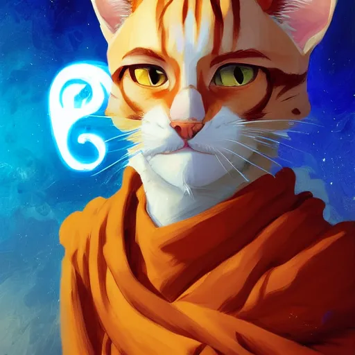 Image similar to painting cat wizard wearing blue robes avatar hero smooth face median photoshop filter cutout vector behance hd by jesper ejsing, by rhads, makoto shinkai and lois van baarle, ilya kuvshinov, rossdraws, illustration, art by ilya kuvshinov and gustav klimt