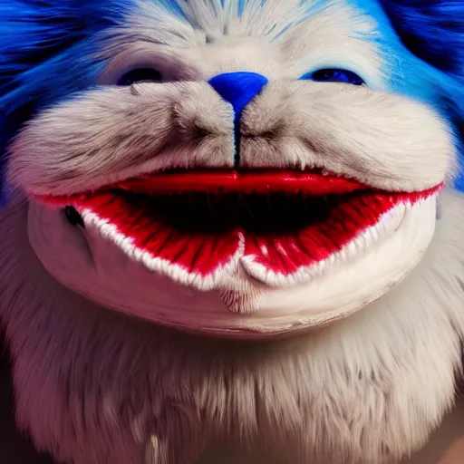 Image similar to a blue furry creature with [ bulging eyes ]!!!, [ large red lips ]!!!, sharp teeth, 4 k photorealistic quality, trending on cgsociety, horror art, eerie art style