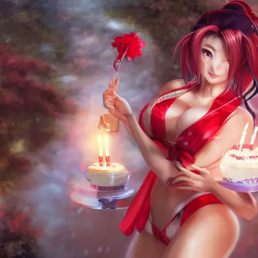 Prompt: mai shiranui blowing out candles on a birthday cake, fun party atmosphere, anime, video game, livia prima