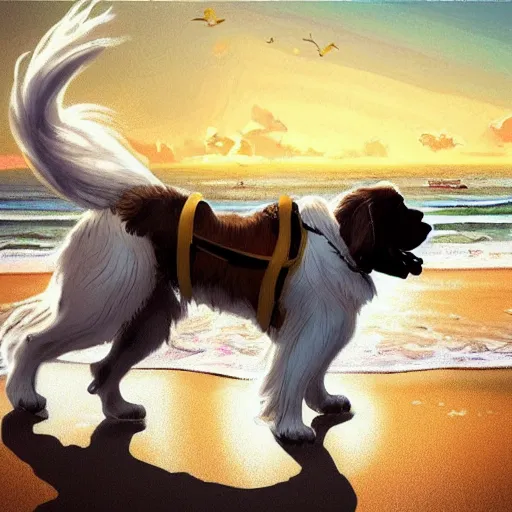 Image similar to girl riding a giant saint Bernard at the beach, trending on artstation