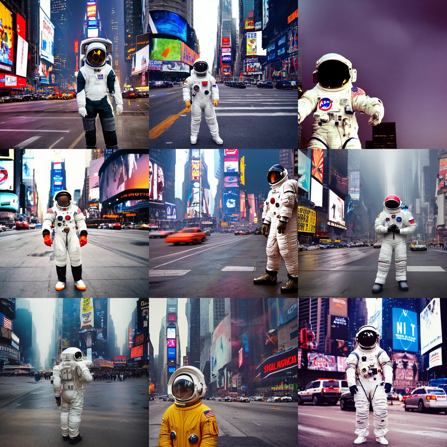 Prompt: american white spacesuit astronaut with oversized helmet in postapocalyptic times square, telephoto bokeh, deep overcast, foggy, by steve mccurry, by nasa