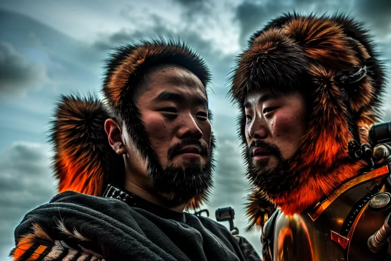 Image similar to vfx film closeup, futuristic mongolian biker warriors, sci - fi mongolian village, robot stand - off, flat color profile low - key lighting award winning photography arri alexa cinematography, hyper real photorealistic cinematic, atmospheric cool colorgrade