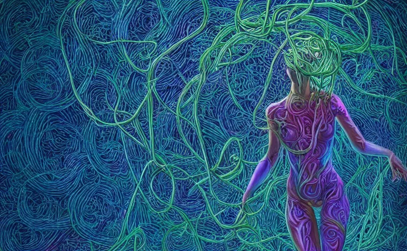 Image similar to a person trapped in the fetal position inside of extremely thick iridescent vines intertwined, central circular composition, high saturation, epic lighting, in the style of Peter gric and Amanda Sage 8k