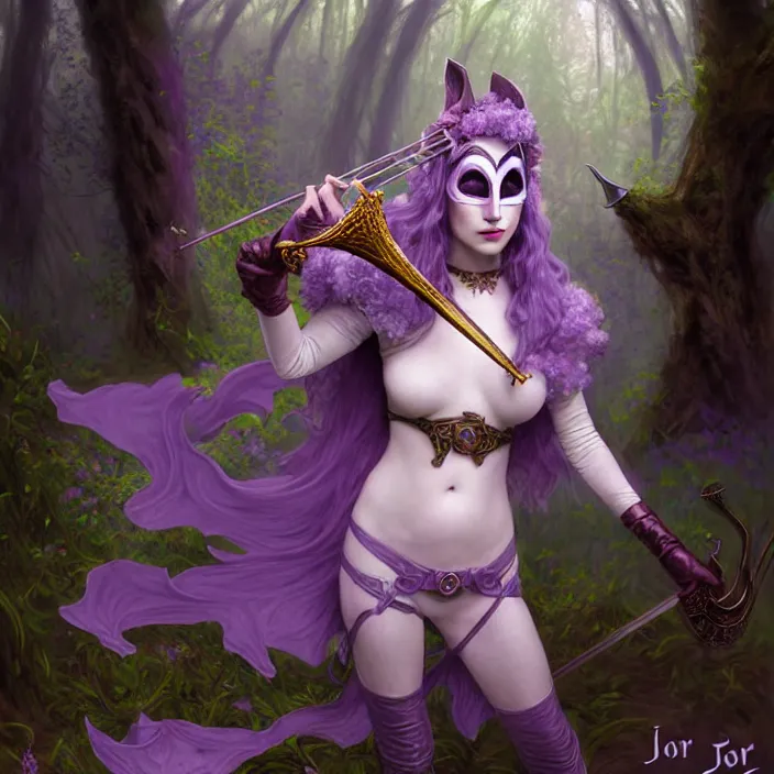 Image similar to masked d & d bard with her lilac leather armor in a forest, volumetric lighting, fantasy, intricate, elegant, highly detailed, lifelike, photorealistic, digital painting, artstation, fox ears illustration, concept art, sharp focus, by john collier and albert aublet and krenz cushart and artem demura and alphonse mucha