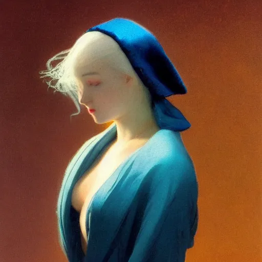 Image similar to a young woman's face, her hair is white and she wears an indigo blue satin cloak, by ivan aivazovsky and syd mead and moebius and gaston bussiere and roger dean and pieter claesz and paul delaroche and alma tadema and aelbert cuyp and balthasar ast, hyperrealistic, volumetric light, octane render