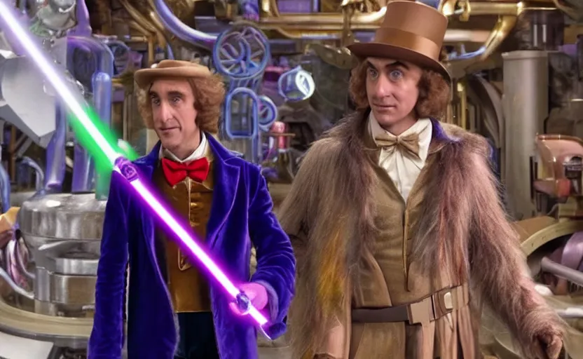 Prompt: Willy Wonka dressed as a Jedi, star wars, holding a lightsaber, in a candy factory, in the quantum realm