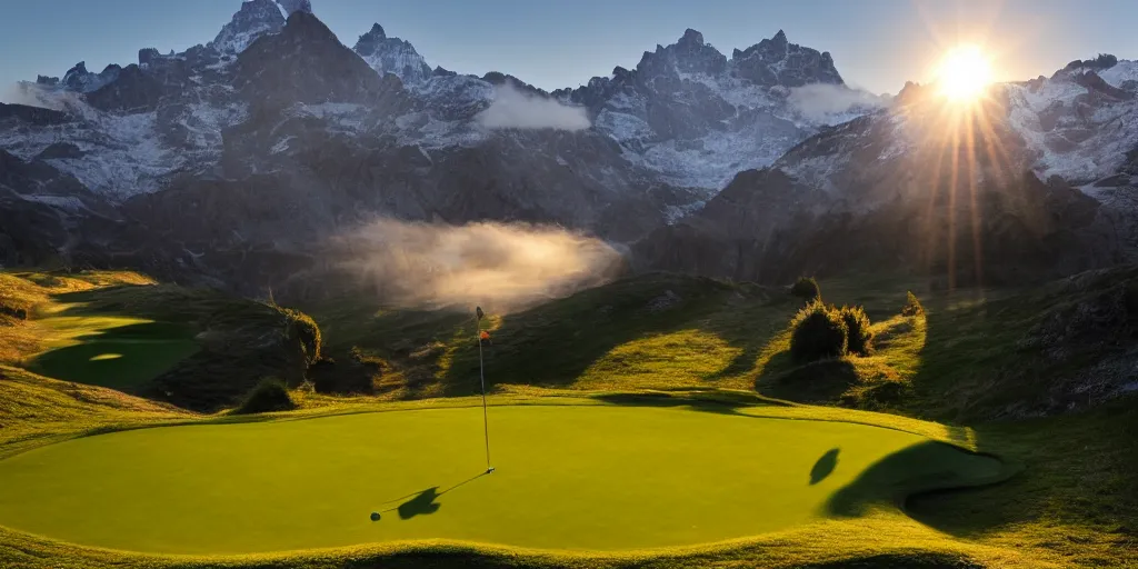 Prompt: a great photograph of the most amazing golf hole in the world, perfect light, steep drop, in the swiss alps, high above treeline, ambient light, 5 0 mm, golf digest, top 1 0 0, fog