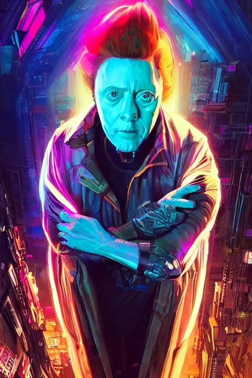 Prompt: a cyberpunk christopher walken with blue hair, neon colors, hyper detailed, digital art, cinematic lighting, concept art by artgerm and greg rutkowski and caravaggio and moebius and jakub rebelka