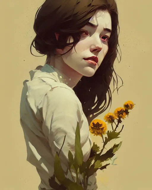 Image similar to cottagecore hyper - realistic portrait of a woman, flowers, by atey ghailan, by greg rutkowski, by greg tocchini, by james gilleard, by joe fenton, by kaethe butcher, dynamic lighting, gradient light yellow, brown, blonde cream and white color scheme, grunge aesthetic