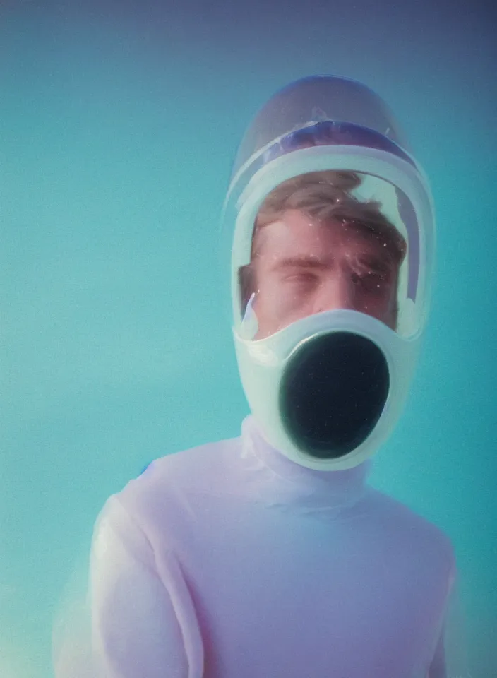 Prompt: high quality pastel coloured film portrait photograph of a beautiful young 2 0 year old male, soft features, short hair, wearing perspex space mask visor and oversized inflated clothing!! icelandic black rock pool environment. atmospheric three point light. photographic. art directed. ( pastel colours ). volumetric. clearcoat. waves. 8 k. filmic.