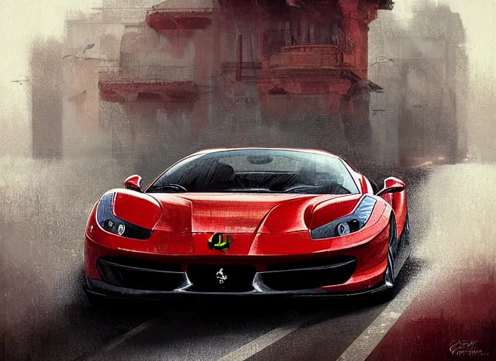 Prompt: A grown man driving a Ferrari in 1800. Digital painting. Greg Rutkowski. Fantasy artwork.