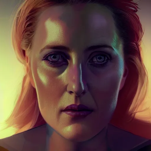 Prompt: gillian anderson portrait, dystopia core, apocalyptic, armor, warrior, dramatic, sharp focus, fiction, neon, fantasy, hyper detailed, digital art, trending in artstation, cinematic lighting, studio quality, smooth render, unreal engine 5 rendered, octane rendered, art style and nixeu and wlop and krenz cushart