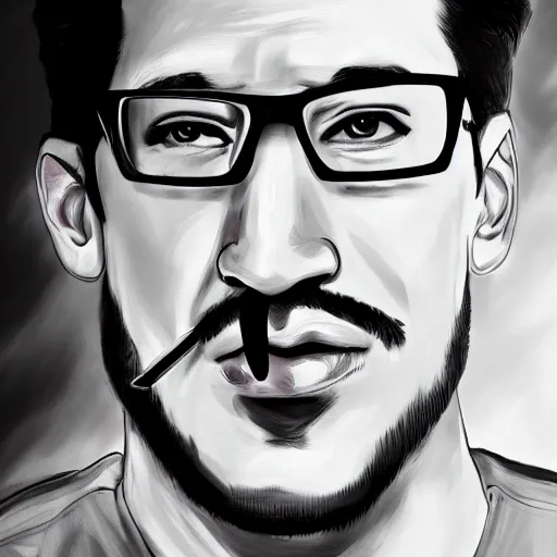 Image similar to a closeup photo of handsome gigachad markiplier smoking a cigar, 8k photorealism, extremly detailed, trending on artstation