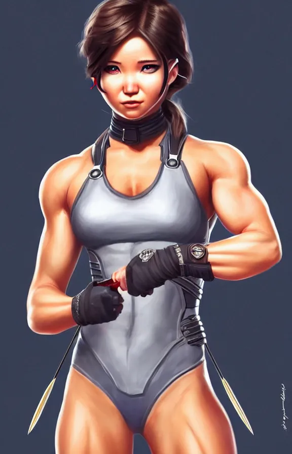 Prompt: a still fullbody portrait of muscular katniss, short silver hair, bodybuilder superhero bikini, amazonian, finely detailed features, closeup at the faces, perfect art, standing in the street, trending on pixiv fanbox, by ilya kuvshinov, rossdraws, artgerm