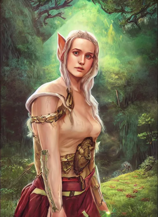 Prompt: A fantasy comic book roleplaying game style portrait painting of Maika Monroe as a elf in a mountain meadow sanctuary, DAZ, hyperrealistic, ambient light, dynamic light