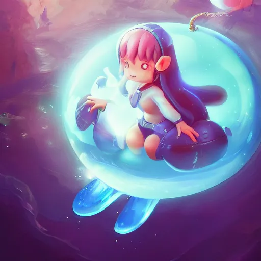 Image similar to cinematic portrait of cute aqua Mew riding large blue bubble, oil on canvas, epic masterpiece, trending on artstation, featured on pixiv, cinematic composition, dramatic pose, beautiful lighting, sharp, details, hyper-detailed, HD, HDR, 4K, 8K