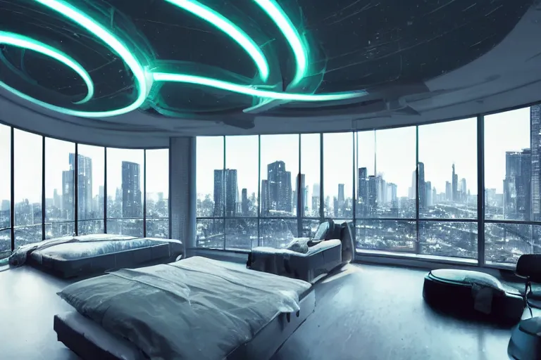 Image similar to a futuristic sparse bedroom with large curved ceiling high windows looking out to a far future cyberpunk cityscape, flying drones outside, night time, cyberpunk neon lights, raining