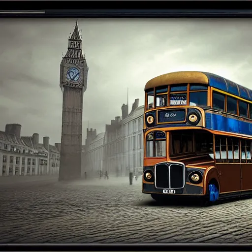 Image similar to A steampunk double decker bus with a giant billowing column ontop, steam powered, streetview of old London, by Enki Bilal, digital art, unreal engine, gothic style, - W 832