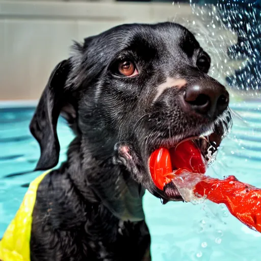 Image similar to dog-garlic spewing fire from his mouth while in the pool