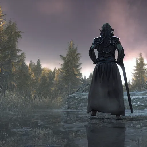 Prompt: a render of a small character from skyrim in an anime style with a long fabric cloak looking at the sky and facing away from the camera. there is shiny a liquid reflecting everything from below. 8 k, unreal engine, blender, vaporwareaesthetics, trending on pixiv