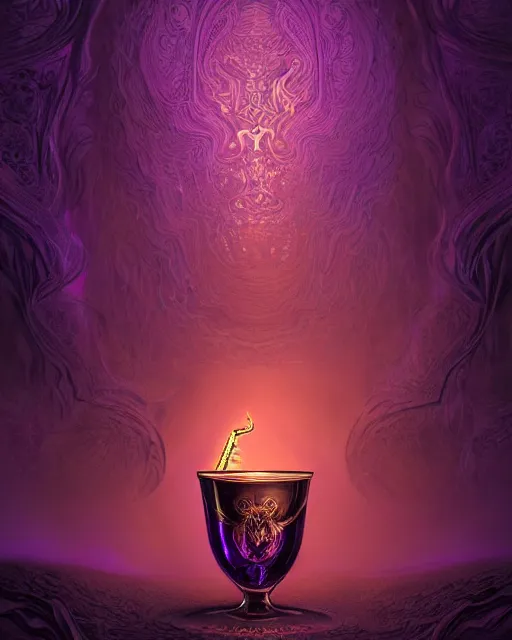 Prompt: cup of codeine, purple liquid in cup glowing, fantasy, dramatic, intricate, elegant, highly detailed, digital painting, artstation, concept art, smooth, sharp focus, illustration, art by Gustave Dore, octane render