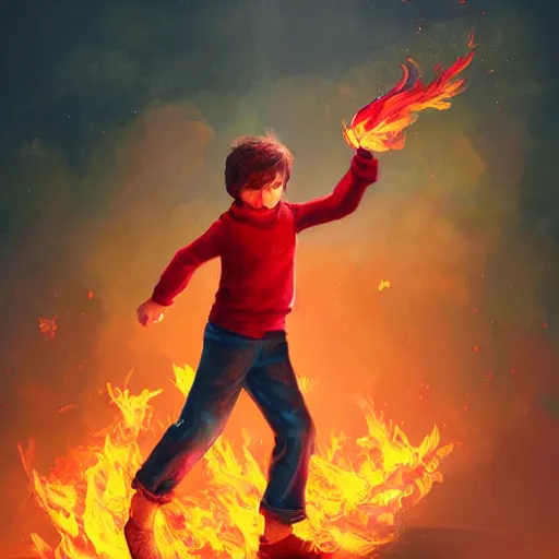 Prompt: colorful and festive captivating young child boy, brown fluffy hair, wearing red and yellow clothes, shooting a fire sphere out of his fist. full body, rich vivid colors, ambient lighting, dynamic lighting, 4 k, atmospheric lighting, painted, intricate, highly detailed by charlie bowater