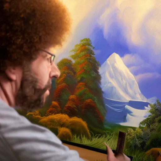 Prompt: a closeup photorealistic photograph of bob ross working on a canvas painting sonic the hedgehog. film still. mountain scape. brightly lit scene. this 4 k hd image is trending on artstation, featured on behance, well - rendered, extra crisp, features intricate detail, epic composition and the style of unreal engine.