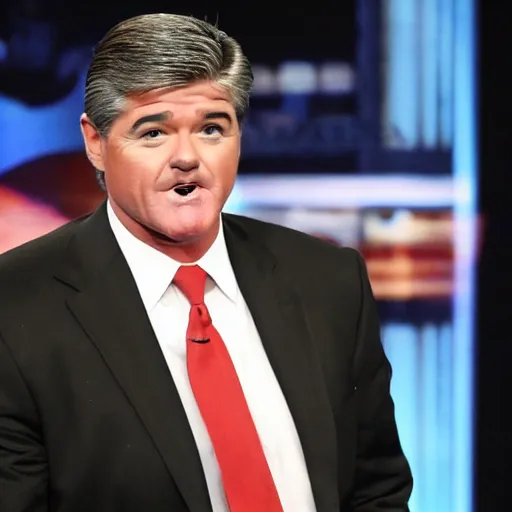 Image similar to Sean Hannity looking really, really sad and wearing a clown suit