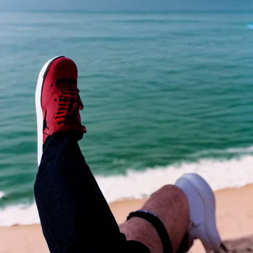 Image similar to person photographs his white nike air force one sneaker on a beach, wearing a black jeans, color film photography, 3 5 mm,