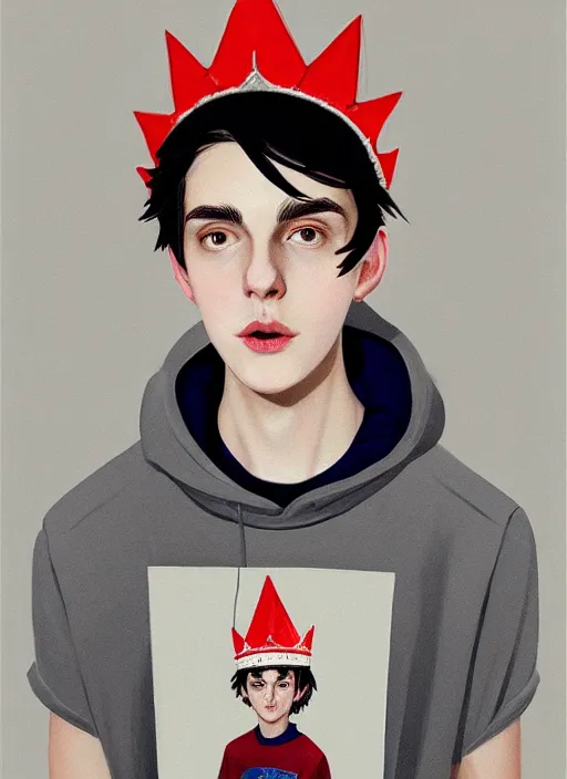 Image similar to portrait of teenage jughead jones wearing a light grey crown, photorealistic, crown, eyes closed, crown, black hair, sweater with letter s on it, letter s, intricate, elegant, glowing lights, highly detailed, digital painting, artstation, concept art, smooth, sharp focus, illustration, art by wlop, mars ravelo and greg rutkowski