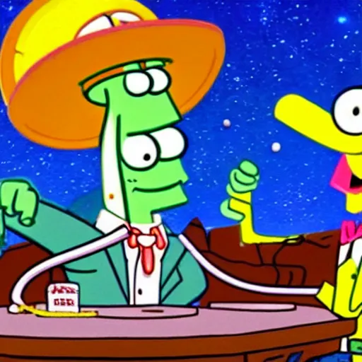 Prompt: Squidward arm wrestling with cowboys on the moon in an episode of Spongebob