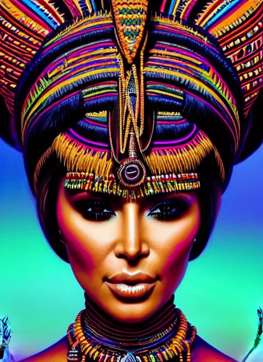 Image similar to portrait of kim kardashian, hyper detailed ultra sharp aztec shaman warrior. trending on artstation, warpaint aesthetic, bloodwave, colorful, psychedelic, ornate, intricate, digital painting, concept art, smooth, sharp focus, illustration, art by artgerm and greg rutkowski and h. r. giger, 8 k