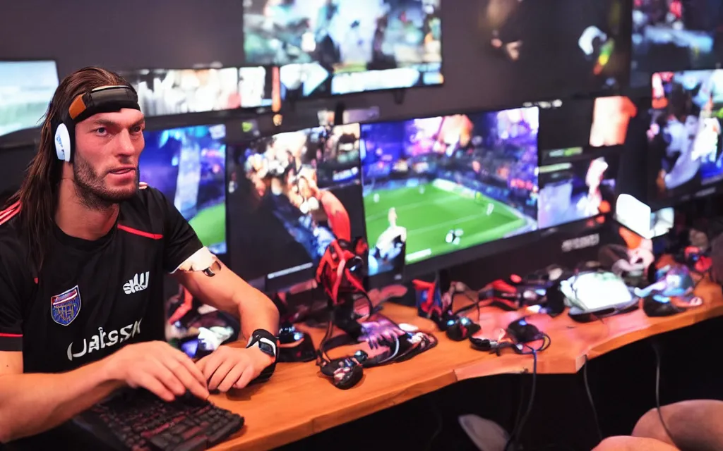 Image similar to soccer player andy carroll intensely gaming at an esports event