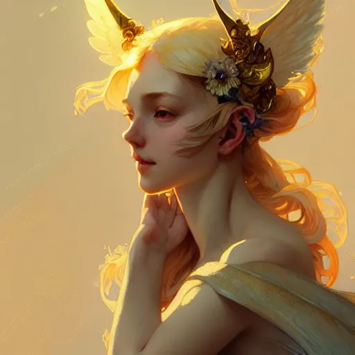 Prompt: A girl with blonde hair, fox ears, glowing halo, wings, fantasy, intricate, elegant, highly detailed, digital painting, artstation, concept art, smooth, sharp focus, illustration, art by Krenz Cushart and Artem Demura and alphonse mucha