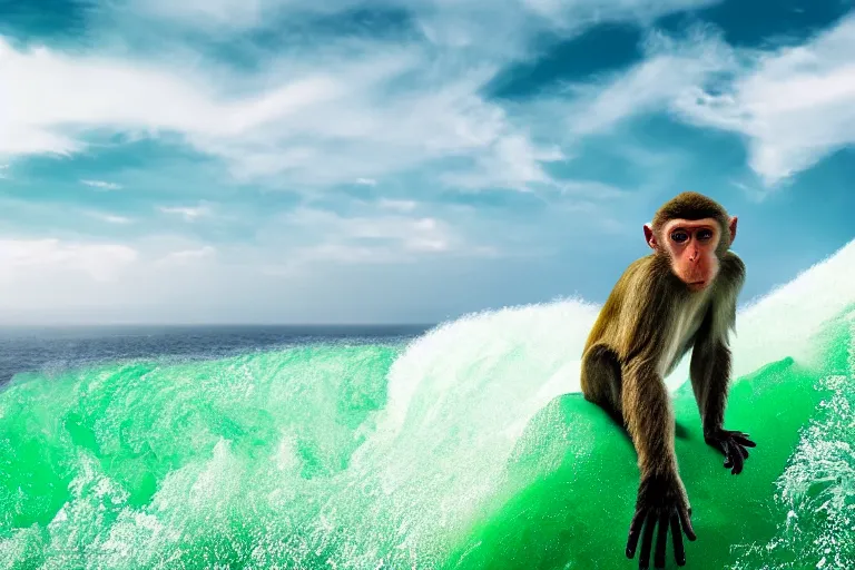 Image similar to monkey surfing on a green sea wave, natural lighting, highly detailed, 4 k, ultra hd