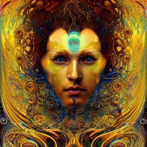 Image similar to Divine Chaos Engine by Karol Bak, Jean Deville, Gustav Klimt, and Vincent Van Gogh, beautiful visionary face portrait, sacred geometry, mystic spirals, otherworldly, fractal structures, ornate gilded medieval icon, third eye